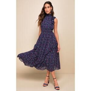 Lulus Evalina Navy Blue Floral Print Mock Neck Midi Dress, Size XS